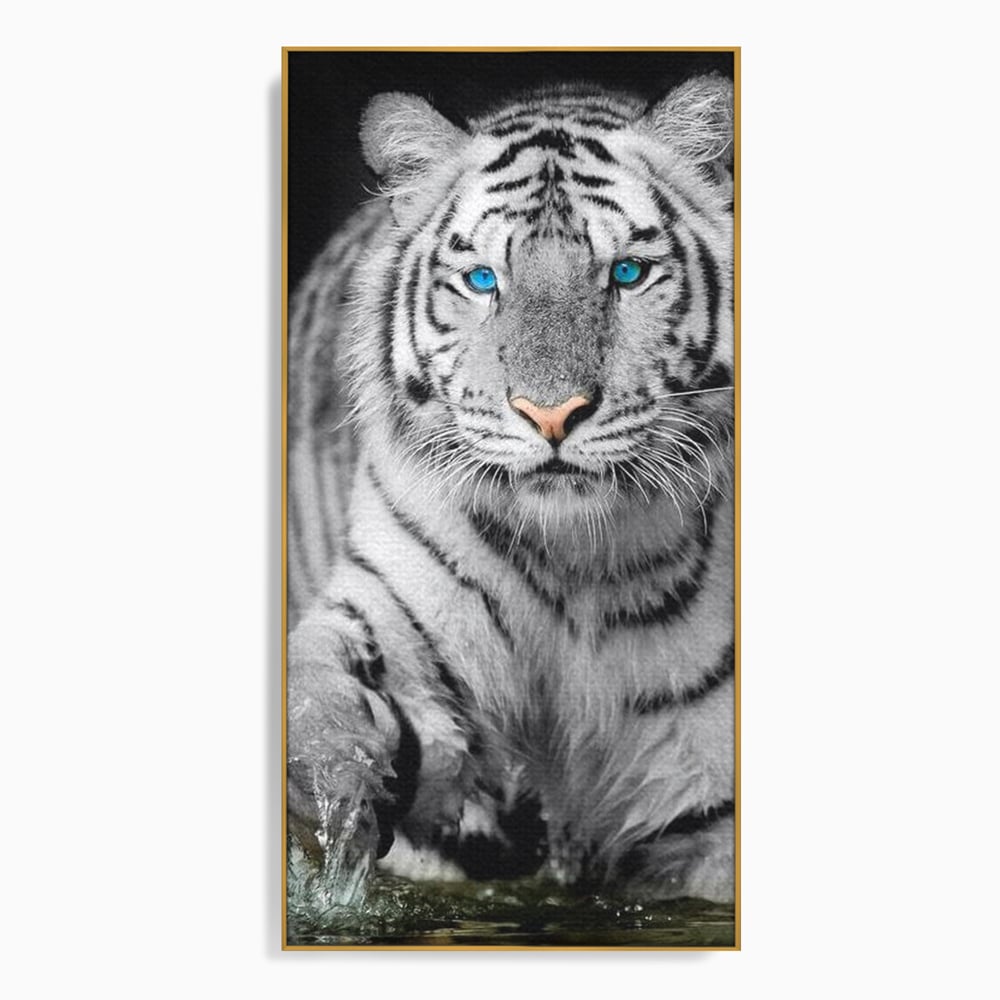 Tablou canvas cu tablou canvas cu tigru alb, in rama de aluminiu auriu